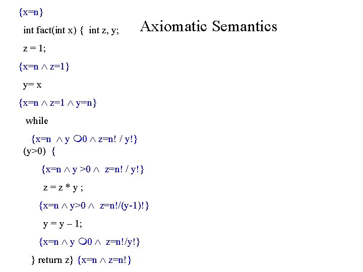 {x=n} int fact(int x) { int z, y; Axiomatic Semantics z = 1; {x=n