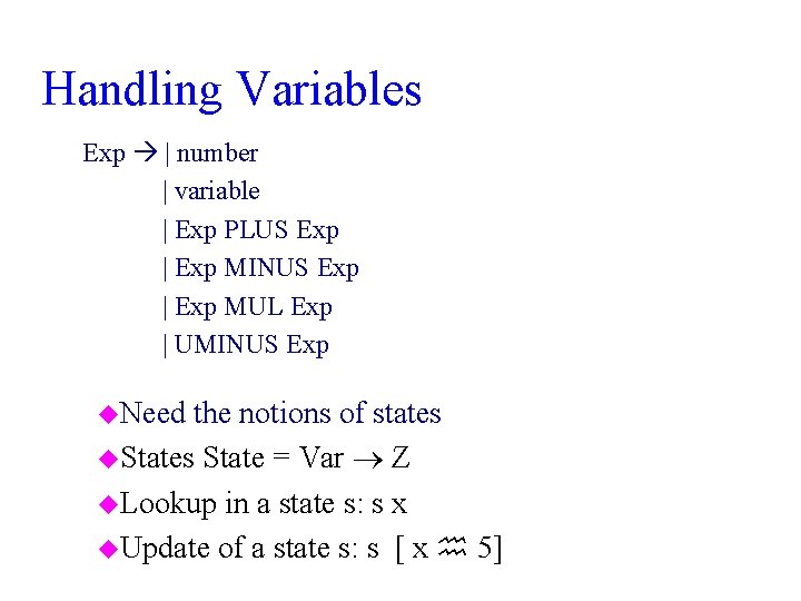 Handling Variables Exp | number | variable | Exp PLUS Exp | Exp MINUS