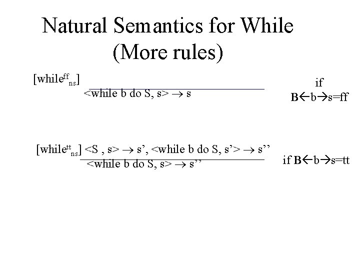 Natural Semantics for While (More rules) [whileffns] <while b do S, s> s [whilettns]