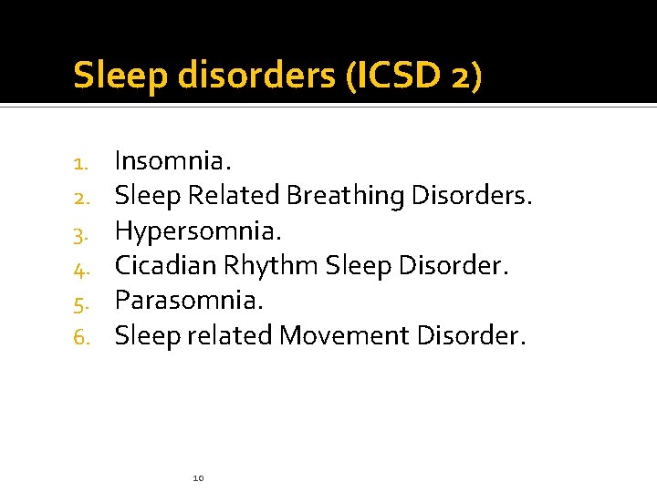 Sleep disorders (ICSD 2) 1. 2. 3. 4. 5. 6. Insomnia. Sleep Related Breathing Sleep disorders (ICSD 2) 1. 2. 3. 4. 5. 6. Insomnia. Sleep Related Breathing