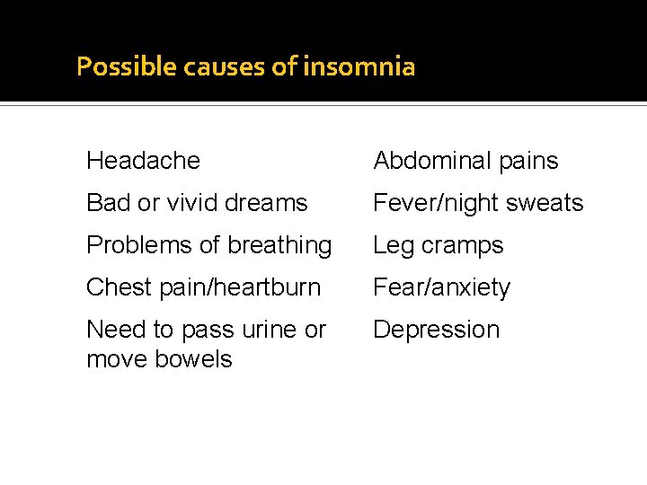 Possible causes of insomnia Headache Abdominal pains Bad or vivid dreams Fever/night sweats Problems Possible causes of insomnia Headache Abdominal pains Bad or vivid dreams Fever/night sweats Problems