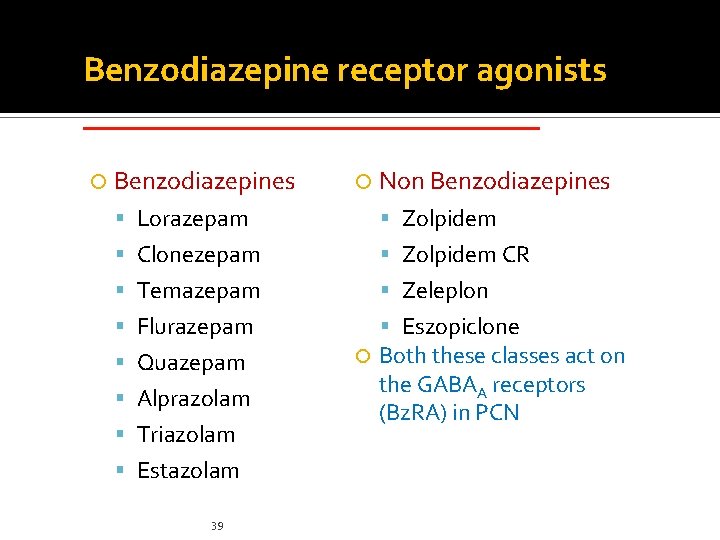 Benzodiazepine receptor agonists _____________ Benzodiazepines Non Benzodiazepines Lorazepam Zolpidem Clonezepam Zolpidem CR Temazepam Zeleplon Benzodiazepine receptor agonists _____________ Benzodiazepines Non Benzodiazepines Lorazepam Zolpidem Clonezepam Zolpidem CR Temazepam Zeleplon