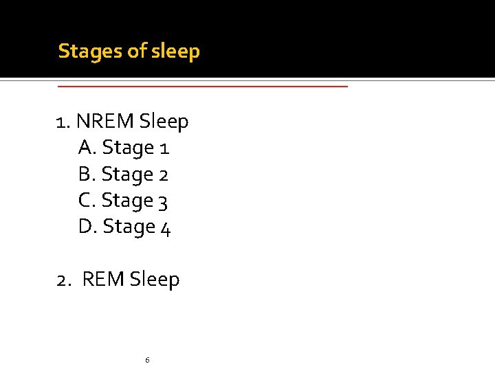 Stages of sleep ______________ 1. NREM Sleep A. Stage 1 B. Stage 2 C. Stages of sleep ______________ 1. NREM Sleep A. Stage 1 B. Stage 2 C.