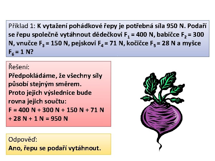 Příklad 1: K vytažení pohádkové řepy je potřebná síla 950 N. Podaří se řepu