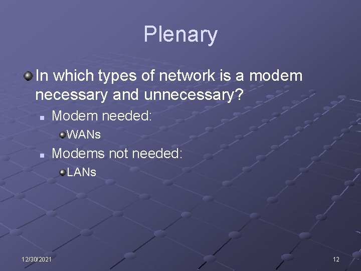 Plenary In which types of network is a modem necessary and unnecessary? n Modem