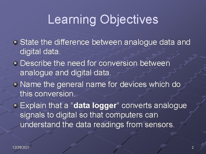 Learning Objectives State the difference between analogue data and digital data. Describe the need