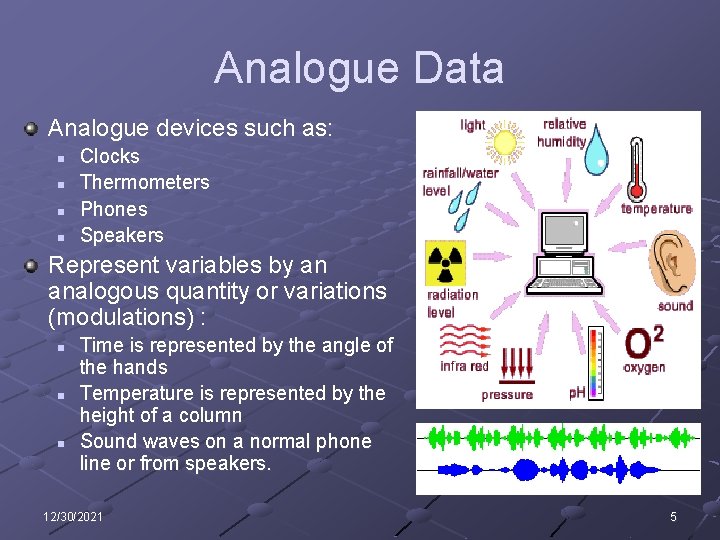 Analogue Data Analogue devices such as: n n Clocks Thermometers Phones Speakers Represent variables