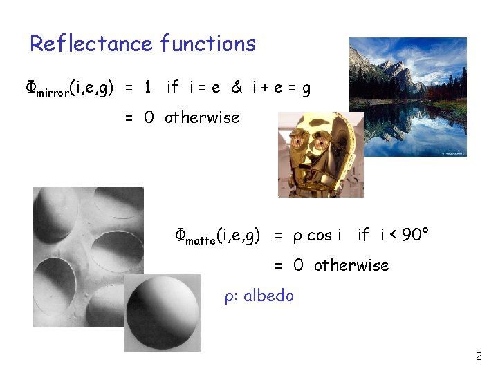 Reflectance functions Φmirror(i, e, g) = 1 if i = e & i +