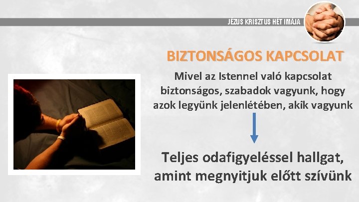 JÉZUS KRISZTUS HÉT IMÁJA BIZTONSÁGOS KAPCSOLAT Mivel az Istennel való kapcsolat biztonságos, szabadok vagyunk,