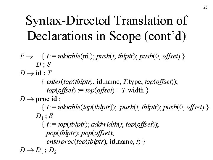 23 Syntax-Directed Translation of Declarations in Scope (cont’d) P { t : = mktable(nil); 23 Syntax-Directed Translation of Declarations in Scope (cont’d) P { t : = mktable(nil);