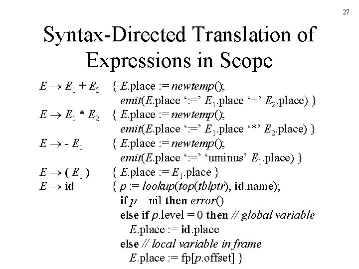 27 Syntax-Directed Translation of Expressions in Scope E E 1 + E 2 { 27 Syntax-Directed Translation of Expressions in Scope E E 1 + E 2 {