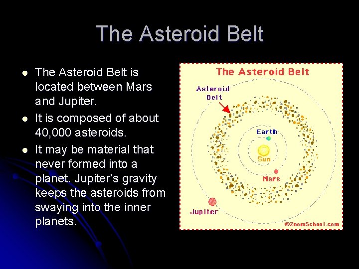 The Asteroid Belt l l l The Asteroid Belt is located between Mars and