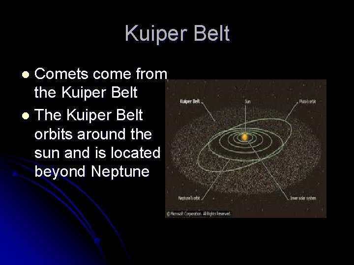 Kuiper Belt Comets come from the Kuiper Belt l The Kuiper Belt orbits around