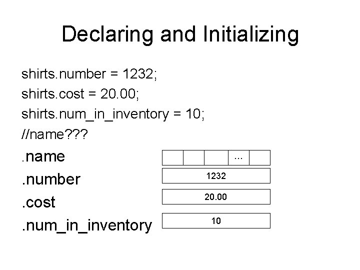 Declaring and Initializing shirts. number = 1232; shirts. cost = 20. 00; shirts. num_in_inventory