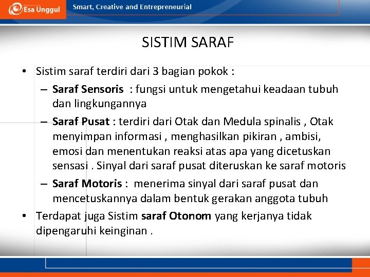 SISTIM SARAF • Sistim saraf terdiri dari 3 bagian pokok : – Saraf Sensoris