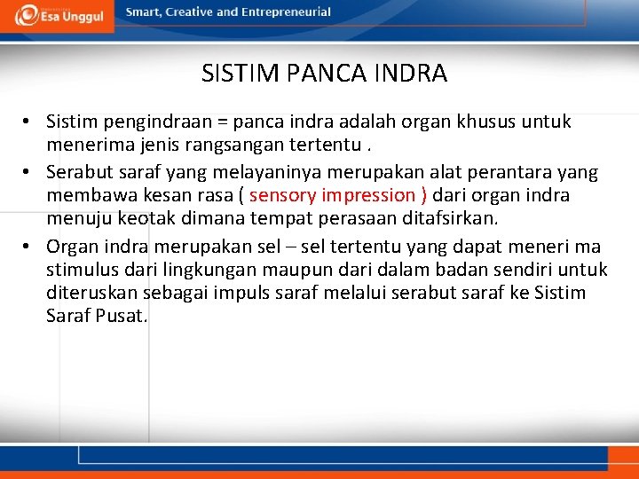 SISTIM PANCA INDRA • Sistim pengindraan = panca indra adalah organ khusus untuk menerima