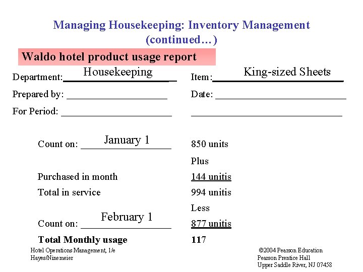 Managing Housekeeping: Inventory Management (continued…) Waldo hotel product usage report Housekeeping King-sized Sheets Department: Managing Housekeeping: Inventory Management (continued…) Waldo hotel product usage report Housekeeping King-sized Sheets Department: