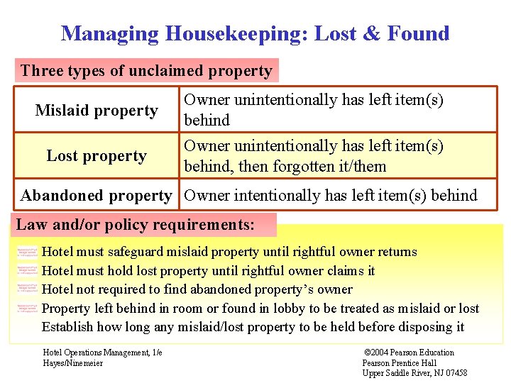 Managing Housekeeping: Lost & Found Three types of unclaimed property Mislaid property Lost property Managing Housekeeping: Lost & Found Three types of unclaimed property Mislaid property Lost property