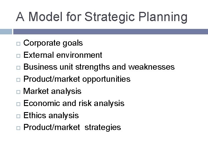 A Model for Strategic Planning Corporate goals External environment Business unit strengths and weaknesses A Model for Strategic Planning Corporate goals External environment Business unit strengths and weaknesses