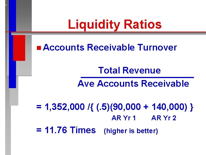 Liquidity Ratios n Accounts Receivable Turnover Total Revenue Ave Accounts Receivable = 1, 352,