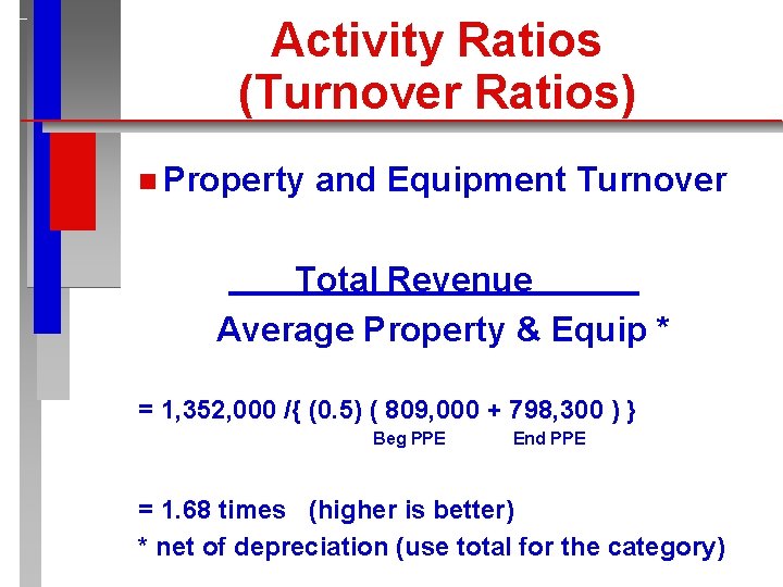 Activity Ratios (Turnover Ratios) n Property and Equipment Turnover Total Revenue Average Property &