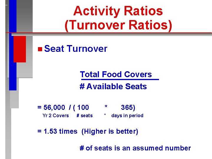 Activity Ratios (Turnover Ratios) n Seat Turnover Total Food Covers # Available Seats =