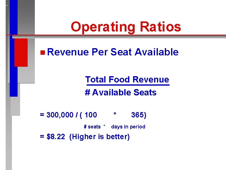 Operating Ratios n Revenue Per Seat Available Total Food Revenue # Available Seats =