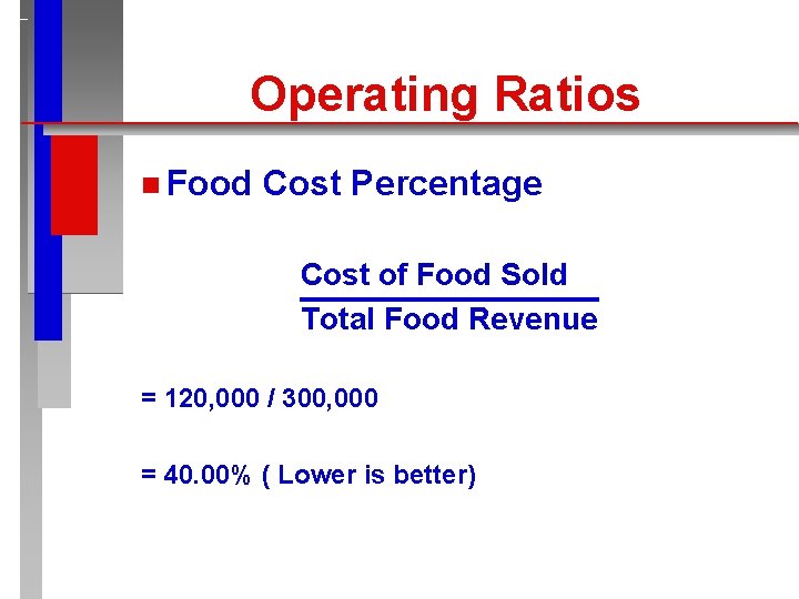 Operating Ratios n Food Cost Percentage Cost of Food Sold Total Food Revenue =