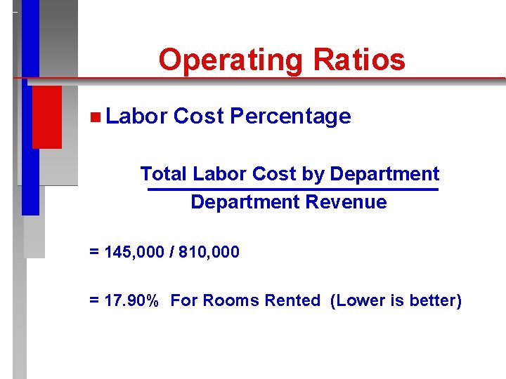 Operating Ratios n Labor Cost Percentage Total Labor Cost by Department Revenue = 145,