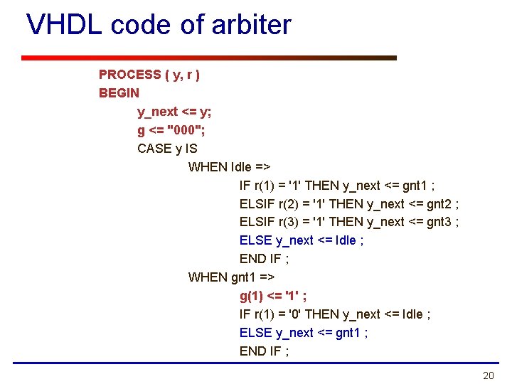 VHDL code of arbiter PROCESS ( y, r ) BEGIN y_next <= y; g