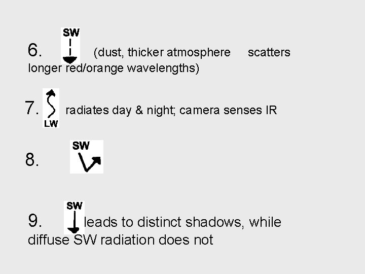 6. (dust, thicker atmosphere longer red/orange wavelengths) 7. scatters radiates day & night; camera