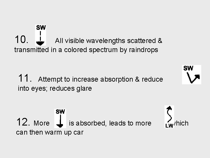 10. All visible wavelengths scattered & transmitted in a colored spectrum by raindrops 11.