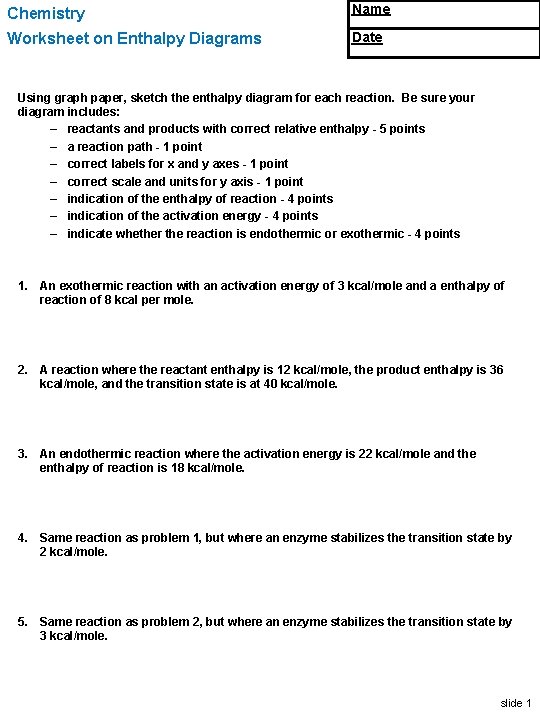 Chemistry Name Worksheet on Enthalpy Diagrams Date Using graph paper, sketch the enthalpy diagram