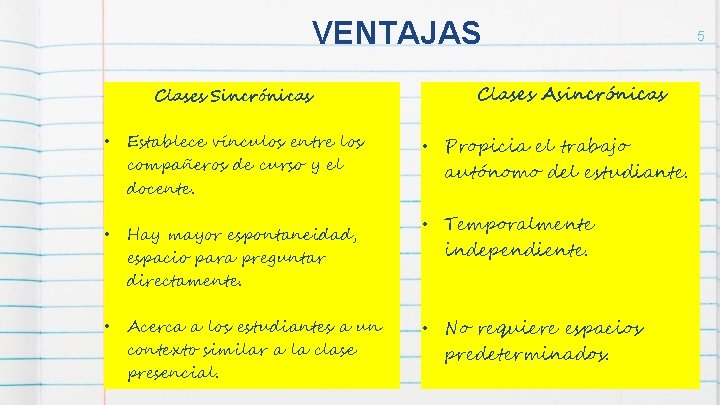 VENTAJAS Clases Sincrónicas • Establece vínculos entre los compañeros de curso y el docente.