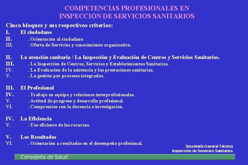 COMPETENCIAS PROFESIONALES EN INSPECCIÓN DE SERVICIOS SANITARIOS Cinco bloques y sus respectivos criterios: I.
