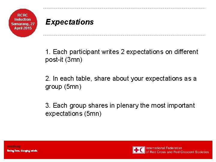 RCRC Induction Semarang, 27 April 2015 Expectations 1. Each participant writes 2 expectations on