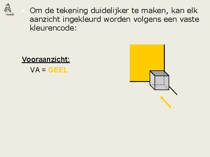 § Om de tekening duidelijker te maken, kan elk aanzicht ingekleurd worden volgens een
