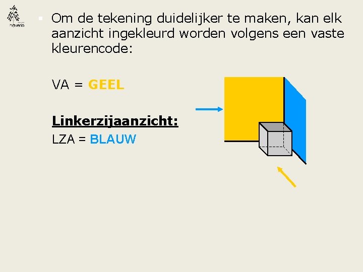 § Om de tekening duidelijker te maken, kan elk aanzicht ingekleurd worden volgens een