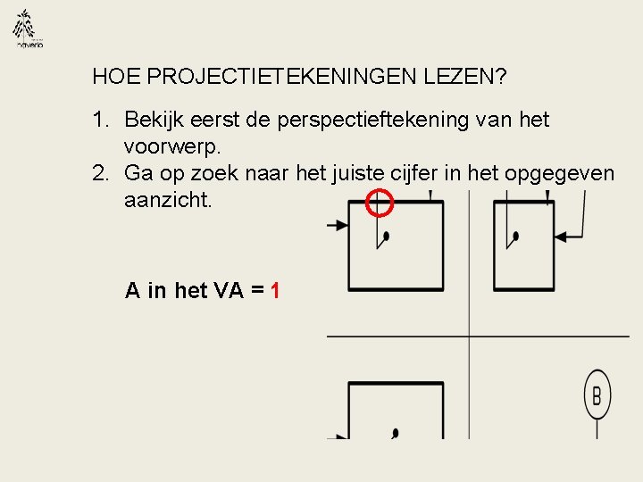 HOE PROJECTIETEKENINGEN LEZEN? 1. Bekijk eerst de perspectieftekening van het voorwerp. 2. Ga op