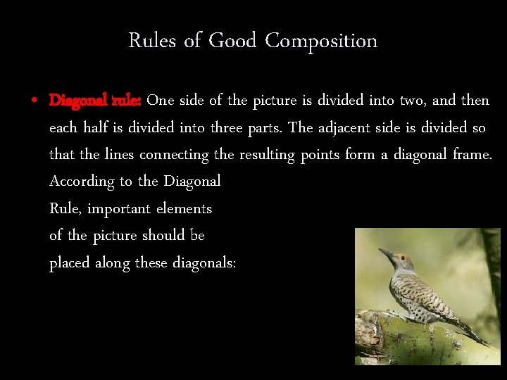 Rules of Good Composition • Diagonal rule: One side of the picture is divided