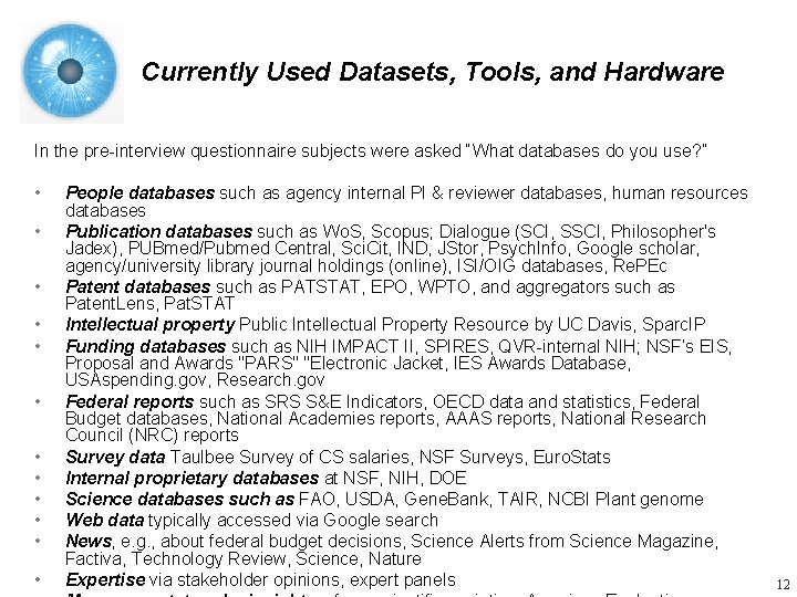 Currently Used Datasets, Tools, and Hardware In the pre-interview questionnaire subjects were asked “What