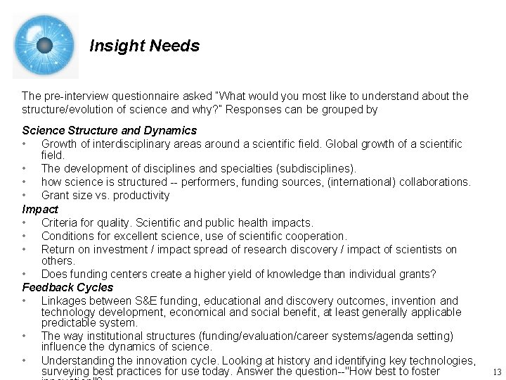 Insight Needs The pre-interview questionnaire asked “What would you most like to understand about