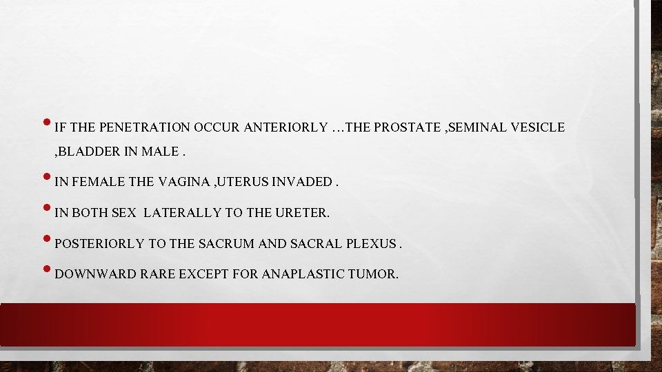  • IF THE PENETRATION OCCUR ANTERIORLY …THE PROSTATE , SEMINAL VESICLE , BLADDER