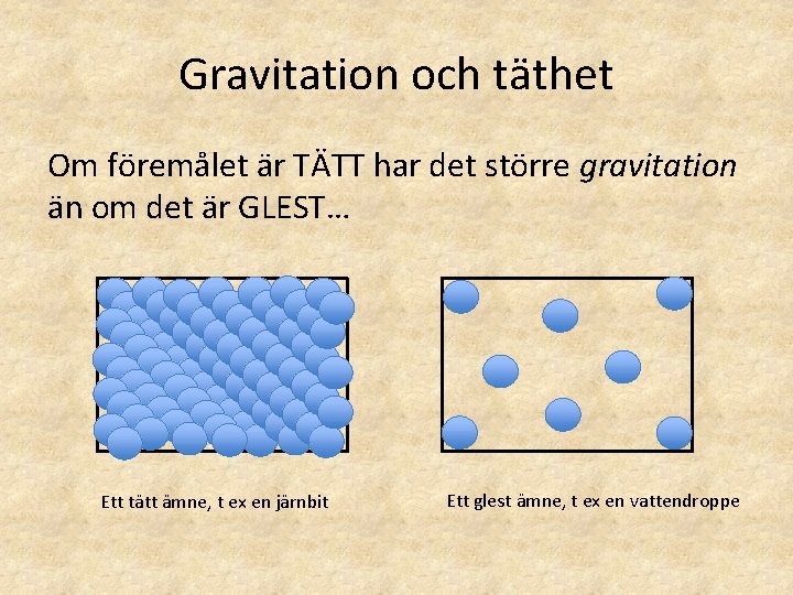 Gravitation och täthet Om föremålet är TÄTT har det större gravitation än om det Gravitation och täthet Om föremålet är TÄTT har det större gravitation än om det