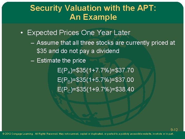 Security Valuation with the APT: An Example • Expected Prices One Year Later – Security Valuation with the APT: An Example • Expected Prices One Year Later –