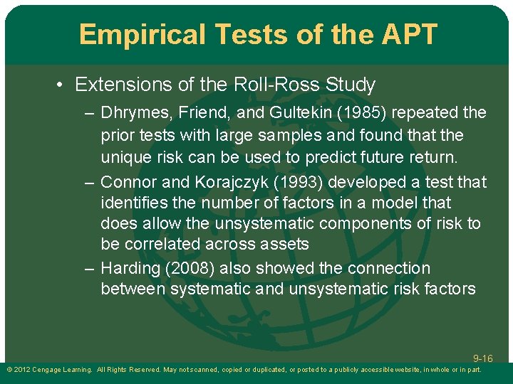 Empirical Tests of the APT • Extensions of the Roll-Ross Study – Dhrymes, Friend, Empirical Tests of the APT • Extensions of the Roll-Ross Study – Dhrymes, Friend,