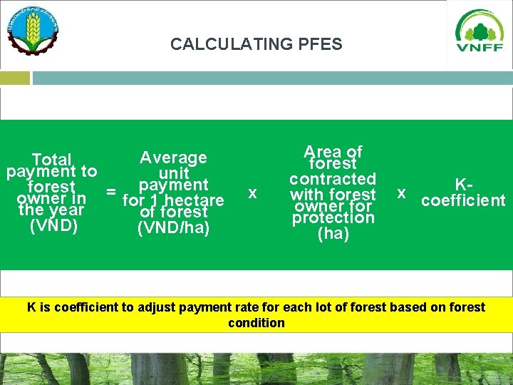 CALCULATING PFES Average Total payment to unit payment forest = owner in for 1