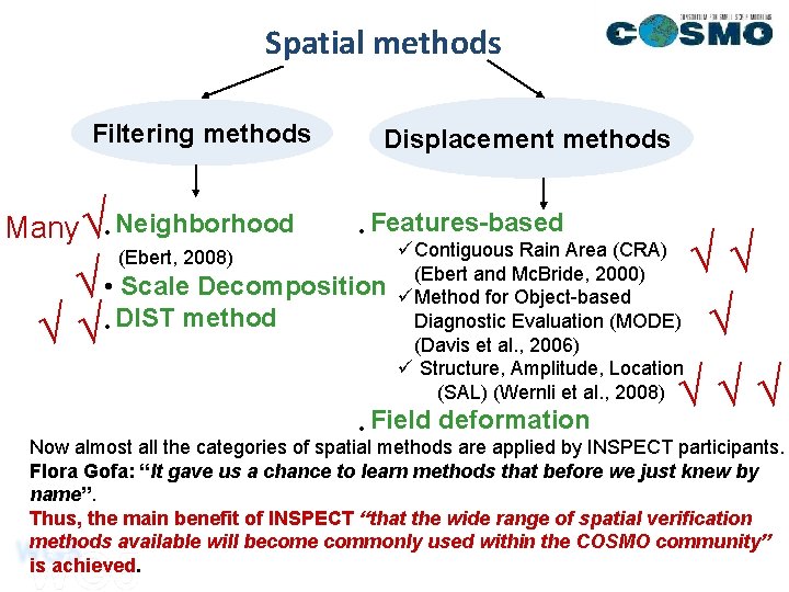Spatial methods Filtering methods Many√ • Neighborhood (Ebert, 2008) Displacement methods • Features-based √ Spatial methods Filtering methods Many√ • Neighborhood (Ebert, 2008) Displacement methods • Features-based √
