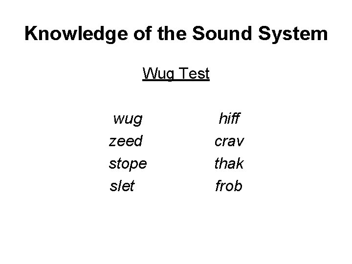 Knowledge of the Sound System Wug Test wug zeed stope slet hiff crav thak