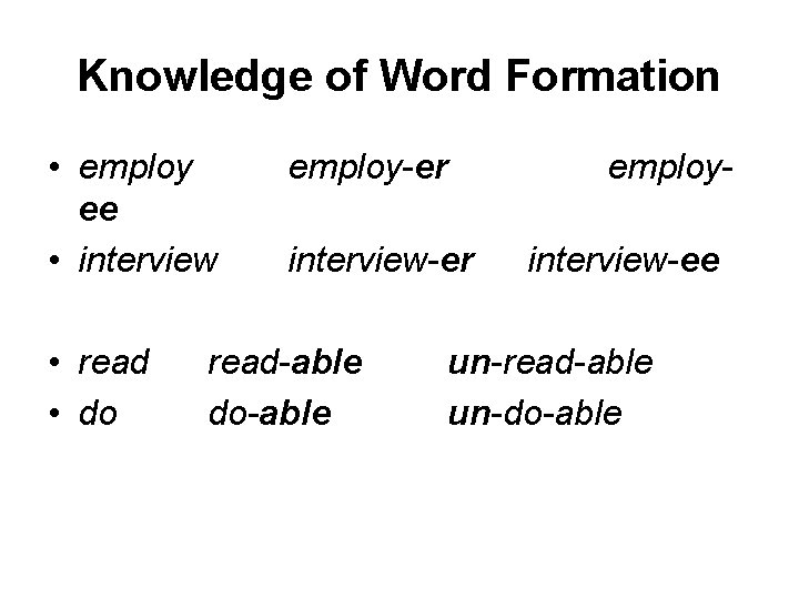 Knowledge of Word Formation • employ ee • interview • read • do employ-er